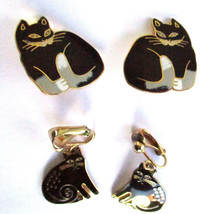 2 Sets of Vintage Clip On Enamel Earrings Laurel Burch Keshire Cat and MEOW - $23.74