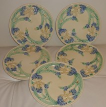 ONNAING 5 FRENCH MAJOLICA PLATES YELLOW, BLUE AND GREEN ORCHIDS BACKGROUND - $127.71