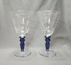 Pottery Barn Bubble Effect Blue Water Goblets Hand Blown Art Glass Wine Glasses - £19.78 GBP