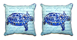 Pair of Betsy Drake Sea Turtle Blue Script Small Pillows 12 Inch X 12 Inch - £54.48 GBP