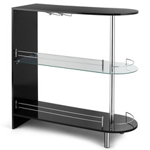 Bar Table Gloss Black Pub Cocktail Table with Tempered Glass Shelf & Wine Holder - £147.22 GBP