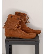 Women&#39;s MINNETONKA 622 Fringe Soft Sole Brown Suede Moccasins Ankle Boot... - £19.38 GBP