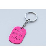 Wake up Kick Ass Repeat keychain, pink feminist gift, hand stamped key ring - £20.78 GBP