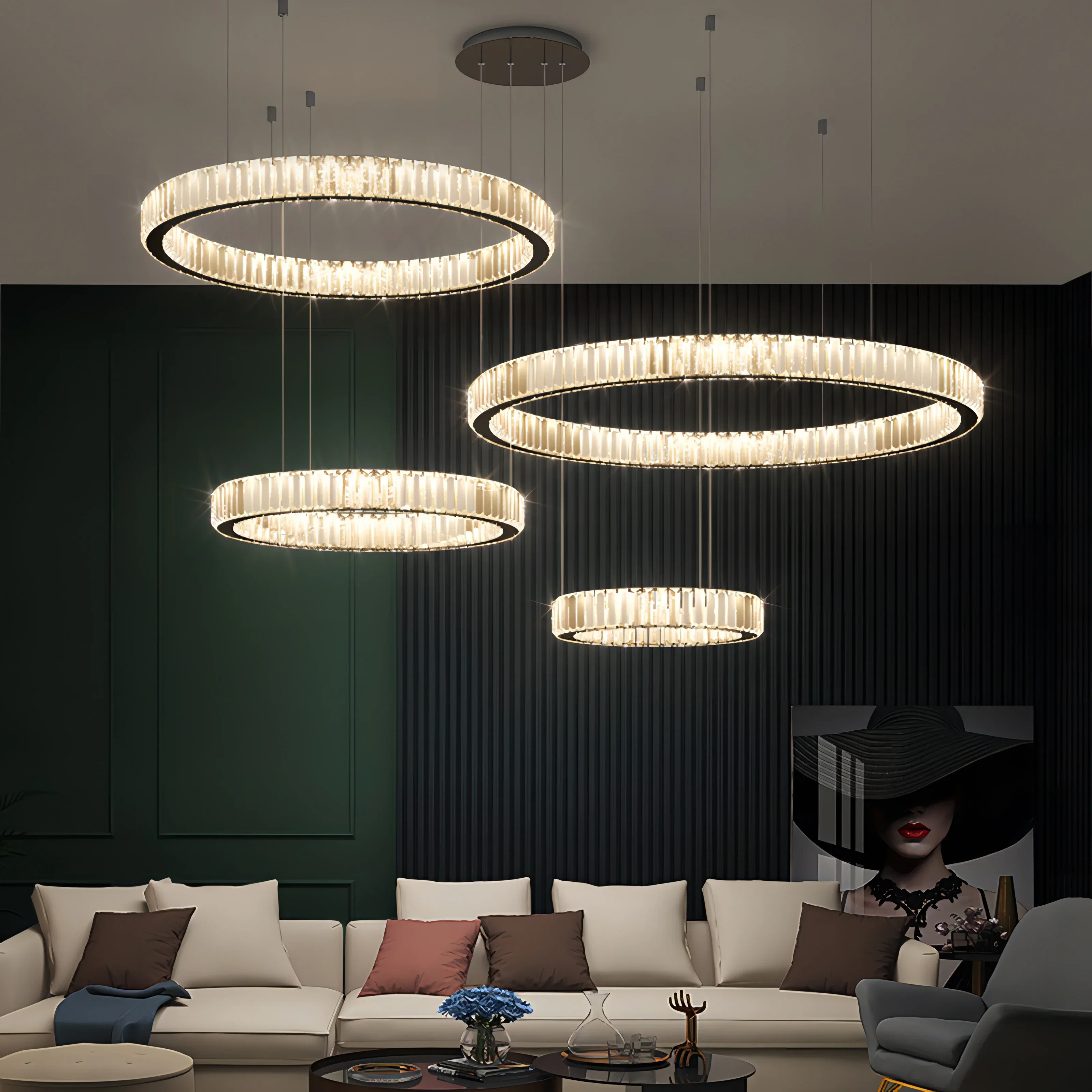 Ving room pendant lights dimmable crystal lustre steel rings led hanging lights fixture thumb200