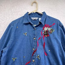 Vintage Victoria Jones Christmas Demin Shirt Size 1X Bell Applique Beaded - £15.57 GBP