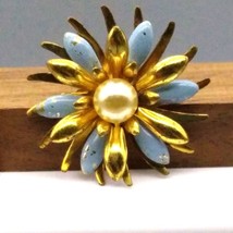 Dimensional Flower Brooch, Blue Enamel and Shiny Gold Tone Petals Pin wi... - $25.16