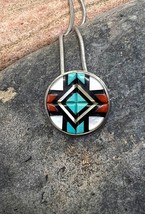 Vintage Zuni Sterling Silver Turquoise Multi Stone Mosaic Inlay Pendant Necklace - £67.93 GBP