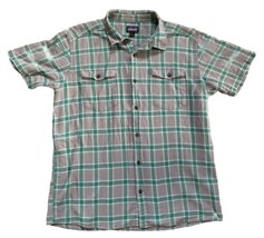 Patagonia Organic Cotton Short Sleeve Button Up Shirt Green &amp; Gray Plaid XL - £15.17 GBP