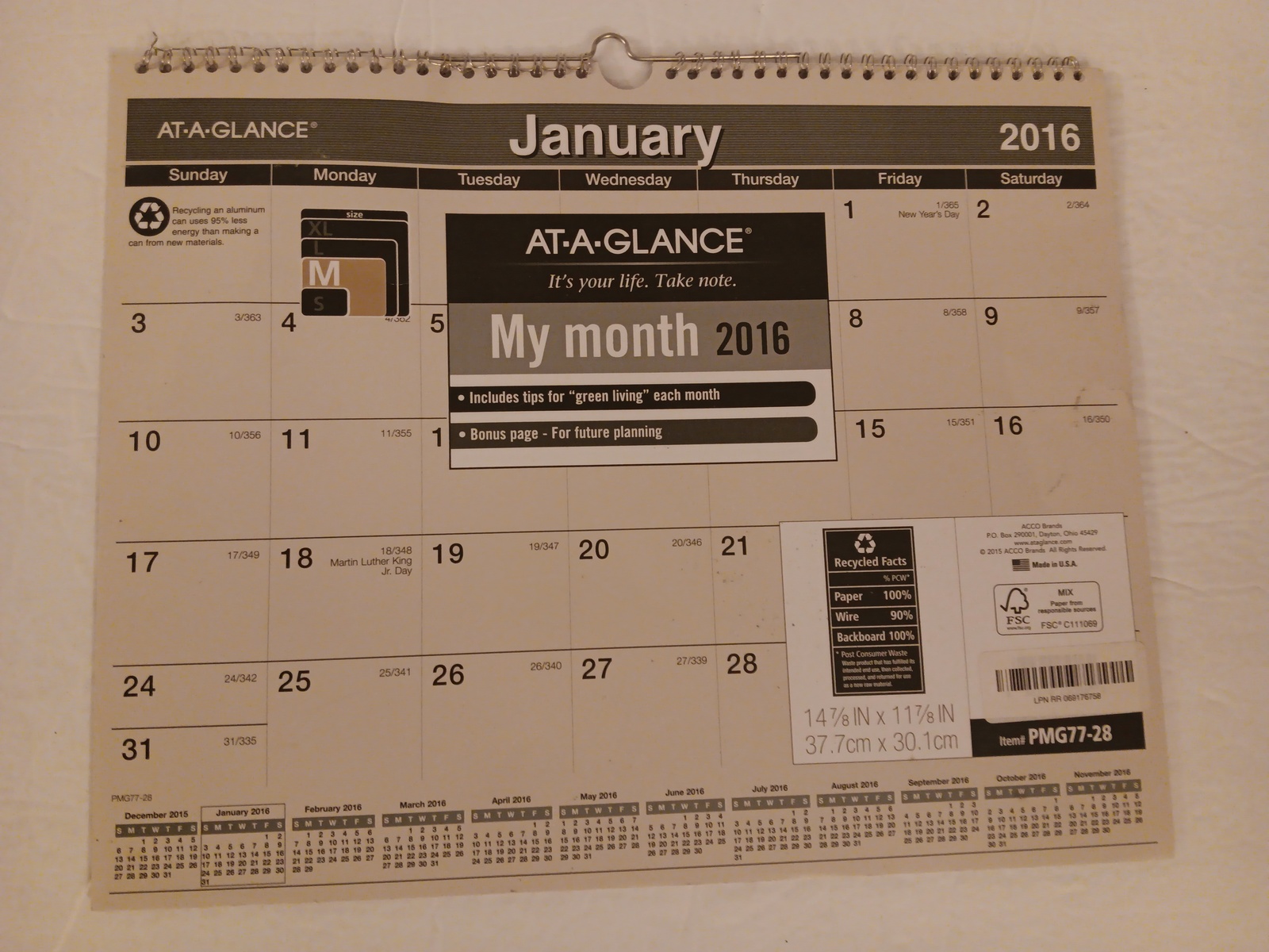 At-A-Glance Monthly Wall Calendar 2016, Recycled, 14-7/8 x 11-7/8 Inches  - $19.99