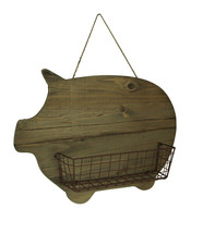 Scratch &amp; Dent Rustic Wood Farmhouse Pig and Metal Wire Wall Basket - £22.39 GBP