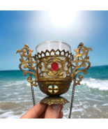Antique Aluminum Hanging Lampada Lamp Christian Church Icon Blue Glass C... - $232.71 CAD