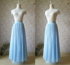 Light Blue Long Tulle Skirt Women Floor Length Plus Size Tulle Maxi Skirt image 2