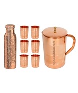 Pure Copper Water Pitcher Jug Hammered Bottle 6 Drinking Tumbler Glass S... - £59.76 GBP