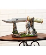 Rustic Forest Howling Gray Wolf Display With Decorative Dagger Knife Sta... - $37.99