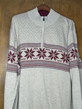 Eddie Bauer Men&#39;s Sweater 2XL Tan Brugandy Snowflakes 1/4 Zip - $16.87
