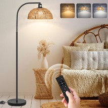 Rattan Floor Lamp- Modern Black Standing Floor Lamps With Remote Control And Ste - £74.52 GBP