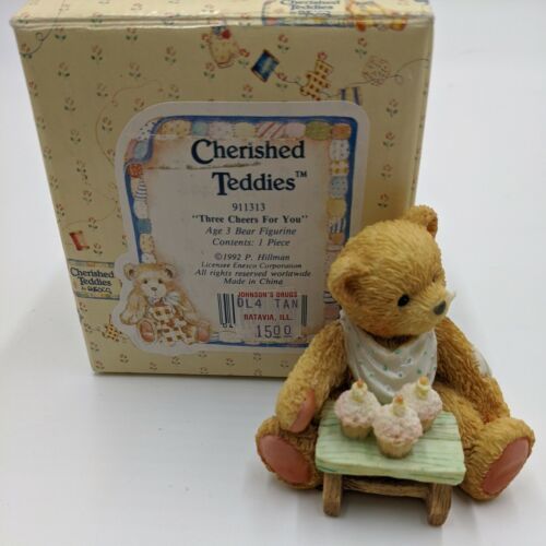 Cherished Teddies THREE CHEERS FOR YOU Age 3 Bear Figurine  911313 1992 Birthday - $15.43
