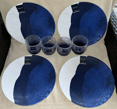 4 Nautica Home Blue White Wave Dinner Plates Melamine &amp; 4 Bubble Water Glasses - £63.94 GBP