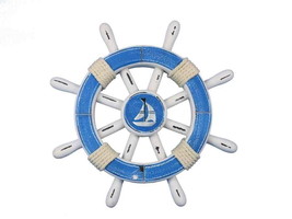 [Pack Of 2] Rustic Light Blue And White Decorative Ship Wheel With Sailboat 12&quot;&quot; - £39.04 GBP