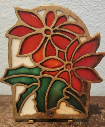 Vtg Stained Glass Cast Iron Tea Light Candle Holder Poinsetta  - $0.98