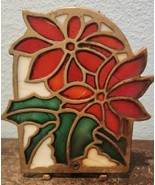 Vtg Stained Glass Cast Iron Tea Light Candle Holder Poinsetta  - $18.43 MXN