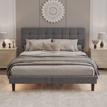 Queen Size Upholstered Platform Bed Linen Bed Frame with Lights Square - Gray - £195.77 GBP