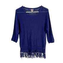 Chicos 0 Blue Fringe Open Knit Sweater Women Size S Easywear Boho - £21.02 GBP