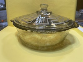 Vtg Mcm Fire King Glass 2 Qt Casserole Dish W/Lid Gold Greek Key Atomic Age Euc - £38.56 GBP