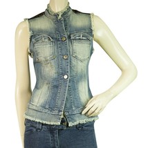 Manila Grace Blue Denim Jeans Sequined shoulders Vest Jacket Gillet sz 40 - $98.01