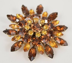 Vintage Amber Brown Topaz Rhinestone Pin Flower Spray Snowflake Big Brooch - £28.16 GBP