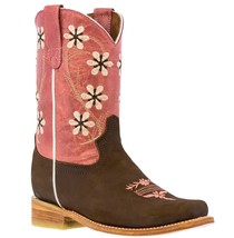 Kids Western Boots Flower Embroidered Leather Pink Brown Square Toe Botas - £43.82 GBP