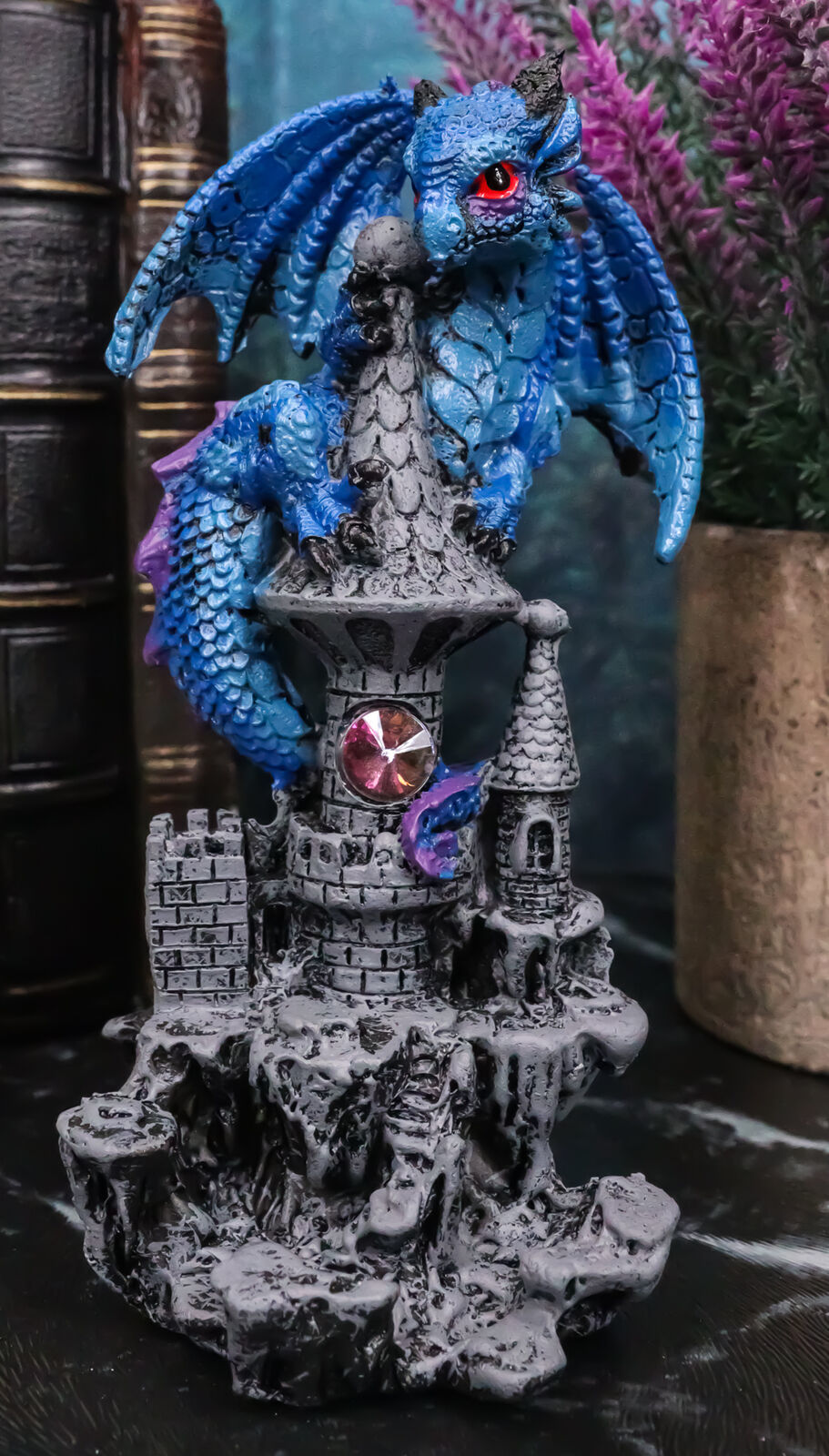 Small Blue Guardian Dragon Protecting Rhinestone Rock Crystal Castle Fig... - $17.99