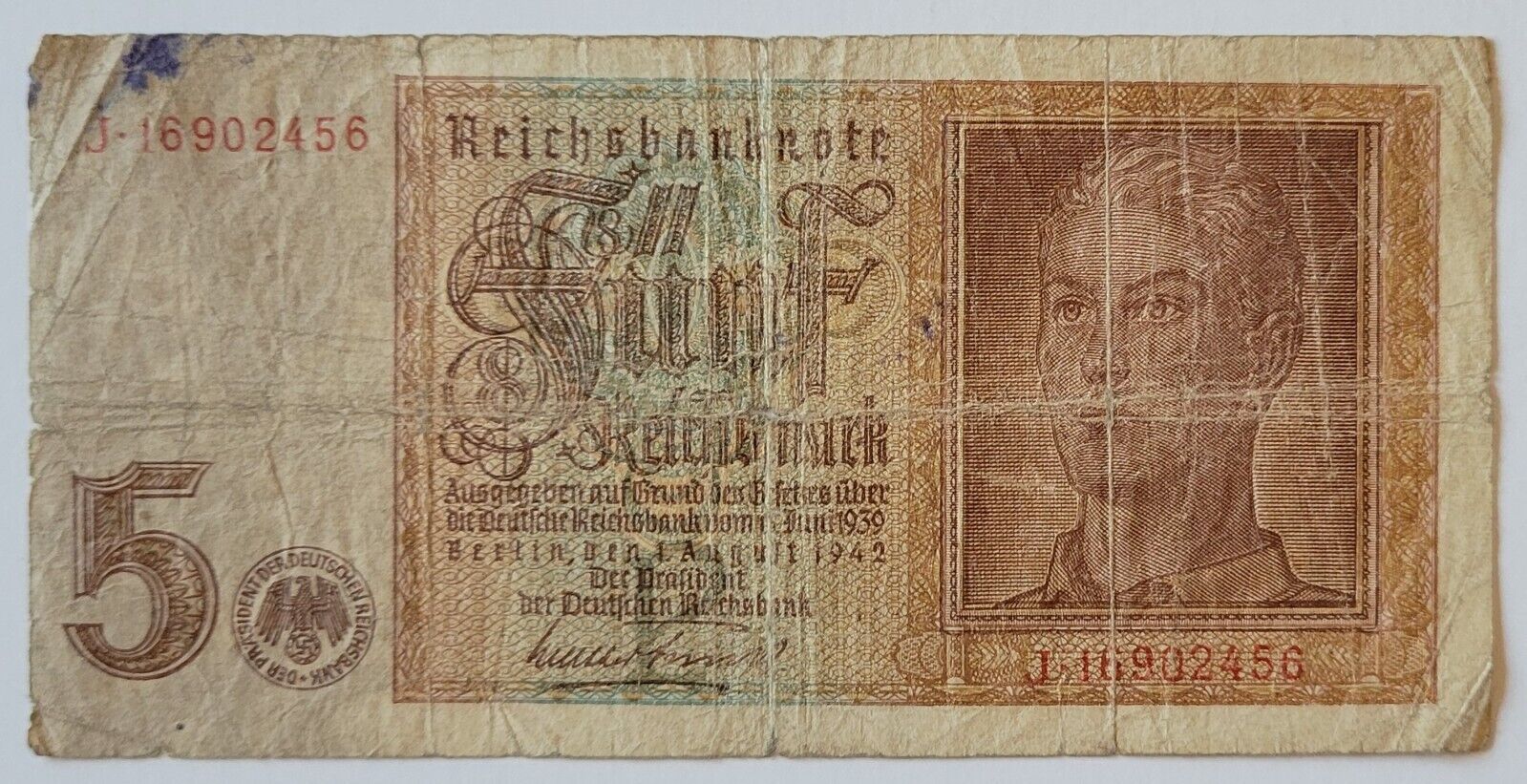 GERMANY 5 MARK REICHSBANKNOTE 1942 VERY RARE NO RESERVE - $18.46