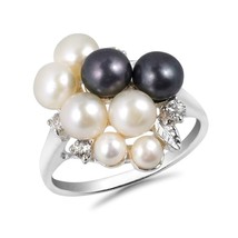 Cluster Black-White Pearl Grape Cubic Zirconia .925 Silver Ring-7 - £22.97 GBP