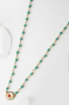 Plunder Necklace (New) Delicate Gold Chain W/TEAL Beads &amp; Small Floral Pendant - £17.67 GBP