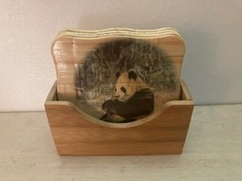 Set of 4 Panda Bamboo Coasters with Holder.  3.5&quot; - $4.90