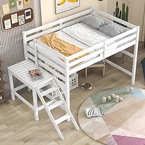 Full Loft Bed With Platform, Wooden Low Height Loft Bed Frame With Ladde... - $797.99