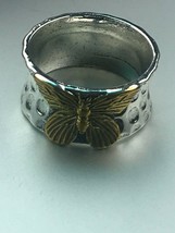 Estate Wide Hammered SIlvertone Dished Band w Goldtone BUTTERFLY Insect Overlay  - £14.82 GBP