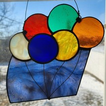 Handmade Stained Glass Sun Catcher 8&quot; Rainbow Balloons Sky Blue Window Hanging - £19.76 GBP