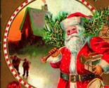 Santa Claus Winter Cabin Scene Holly Gilt Embossed Textured DB Postcard ... - $3.91