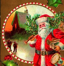 Santa Claus Winter Cabin Scene Holly Gilt Embossed Textured DB Postcard UNP T19 - £3.06 GBP