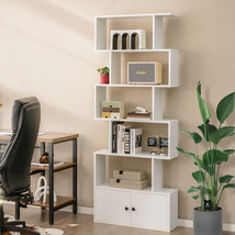 6-Tier Bookshelf with Cabinet Geometric S-Shaped Display Shelf White - £142.42 GBP