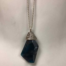 Chico&#39;s Silver Tone Chain Necklace Ab Dark Blue Crystal Pendant Drop Modernist - $30.29