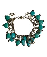 Boho Peace Sign Charm Bracelet Silver Tone Faux Turquoise Hearts Dangle ... - $289.17 MXN