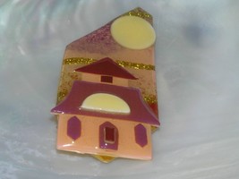 Shades of Pink Tall House on Sparkly Gold Stripe Background &amp; White Full Moon - £8.30 GBP