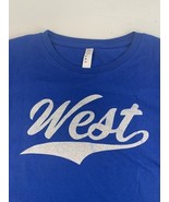 Womens Blue T-Shirt Sparkly Glittery &quot;West&quot; Logo Fan Tee L.A.T. Brand - $10.64 CAD