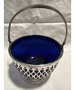 Sterling Silver Pierced Sugar Basket Frank Whiting Blue Glass Bowl Handle - $74.25