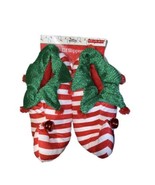 DAN DEE CHRISTMAS ELF SANTA SLIPPERS L/XL 9-11 Jingle Bells Striped Pepp... - $29.99