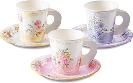 24 pcs Paper Tea Cups and Plates Princess Floral perfect Tea Party Decorations - £17.44 GBP