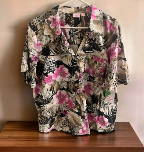 Primary image for Pappagallo Women’s Floral Short Sleeve Button Up Shirt Size 2X Pink Black NWT 